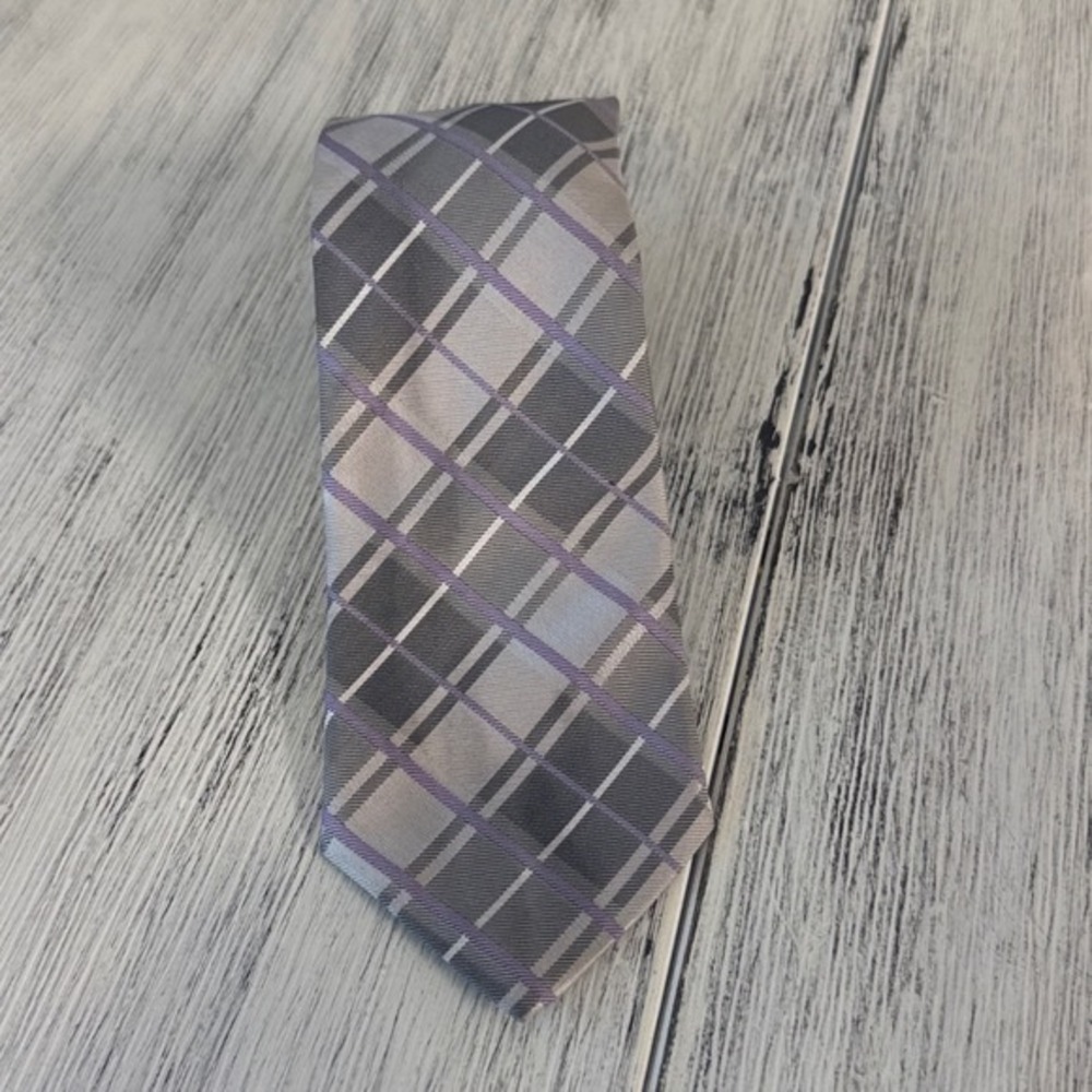 Egara‎ Mens Plaid Necktie Grey Purple Geometric Pattern Formal Business Silk Tie